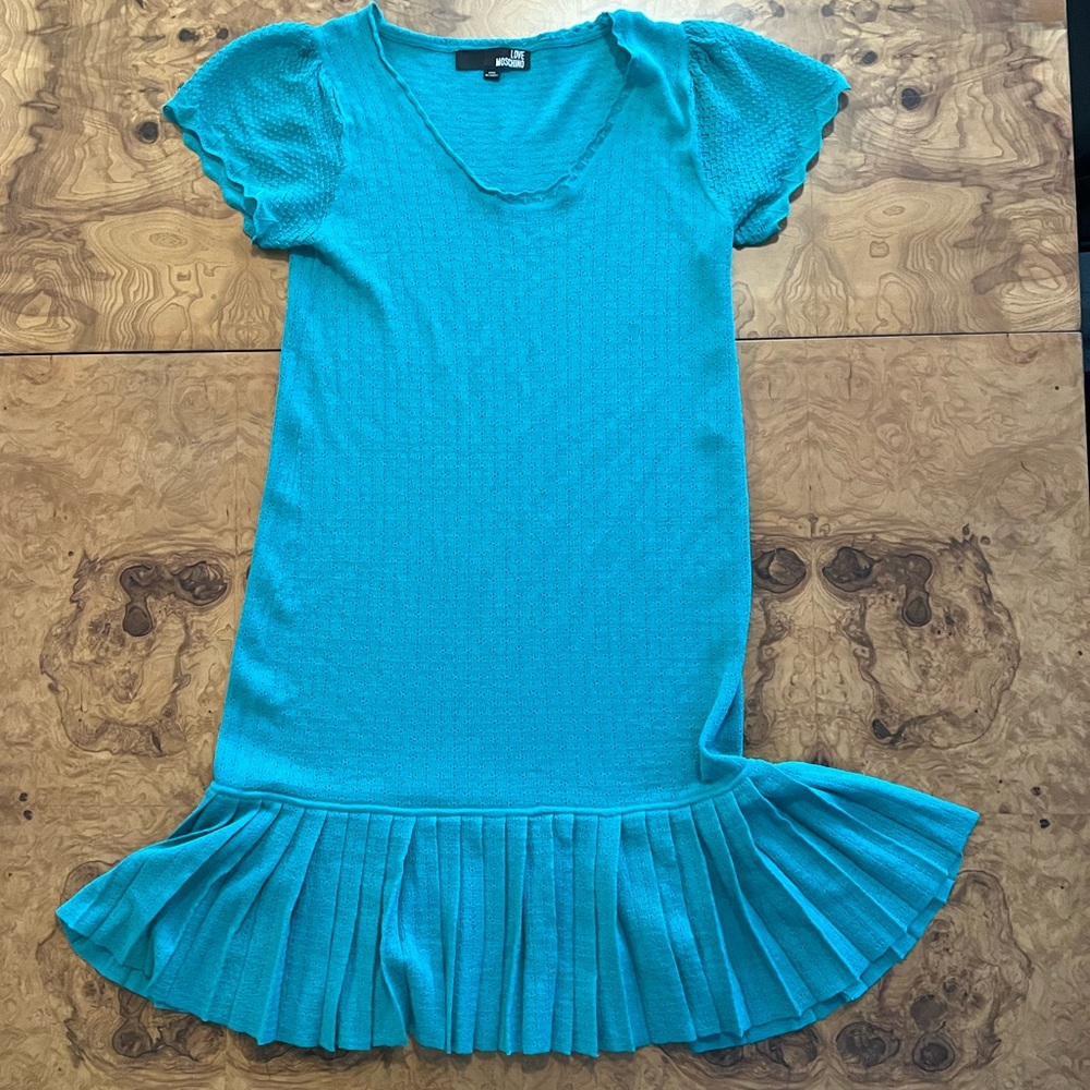 Love Moschino Turquoise Flutter Sleeve Pleated Dress Size 8